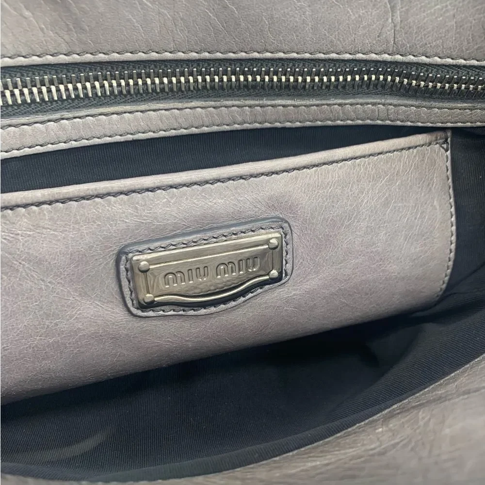 Authentic Miu Miu Vitello Shine Peltro Gray Leather 2way Satchel Preloved